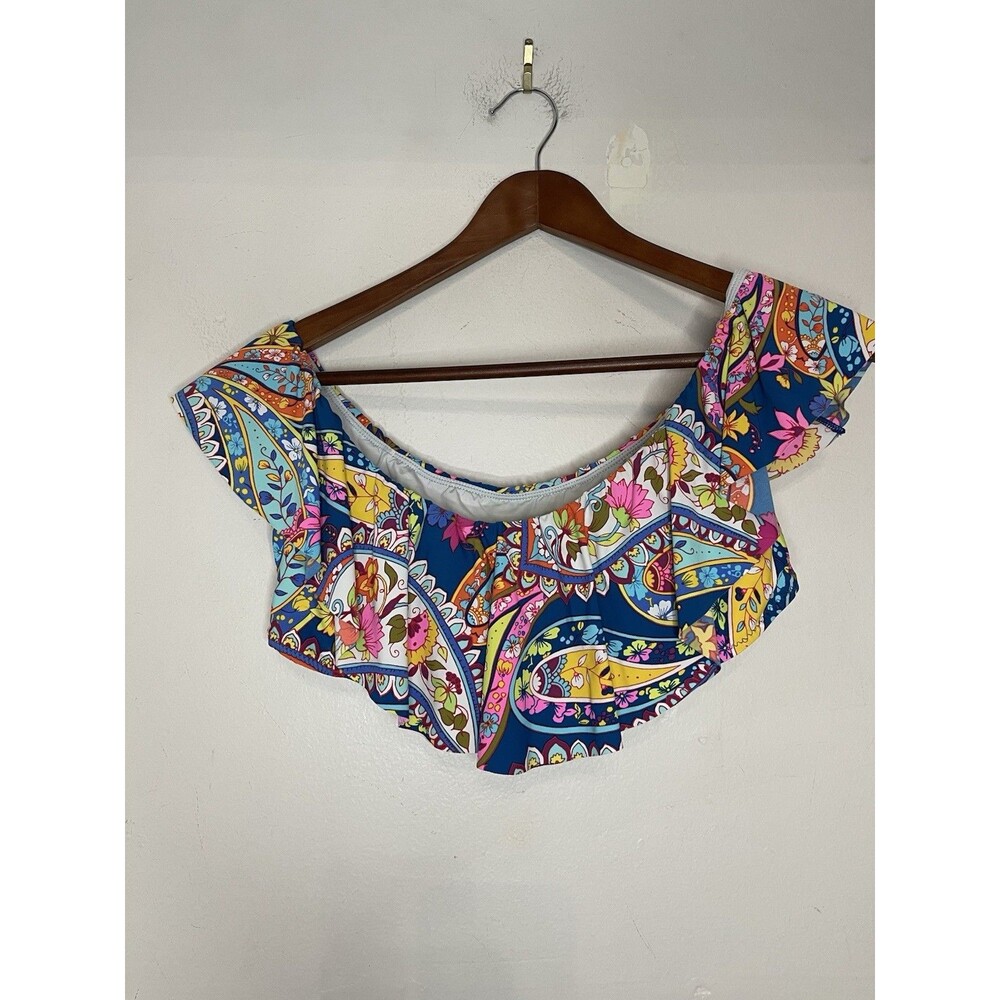 Trina Turk La Palma Ruffle Bandeau Bikini Top Off Shoulder Floral Blue Medium